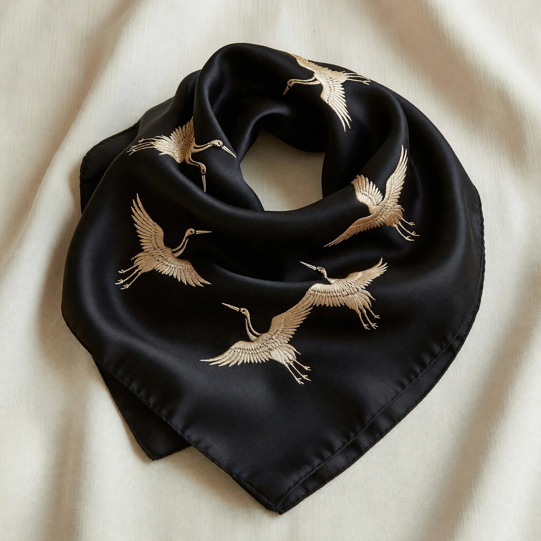 ゴールドの鶴の刺繍が入った黒のシルクスカーフ
