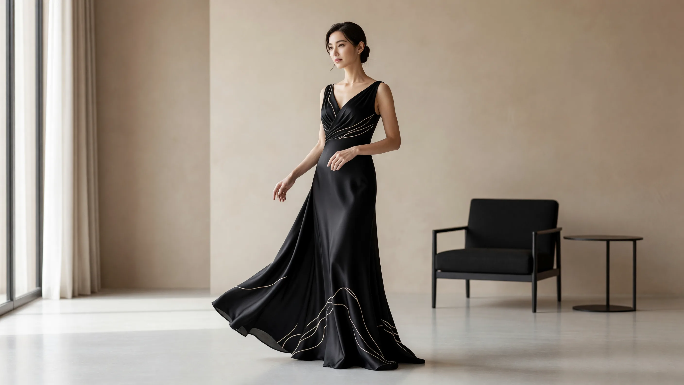 Aurelio Premium Brands ヒーローイメージ - 黒いシルクのガウンを着たエレガントな日本人女性