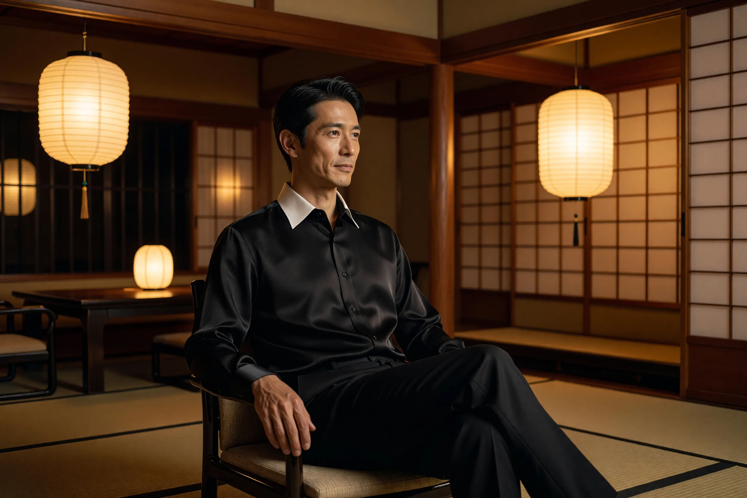和室で黒いシルクシャツを着て座る男性