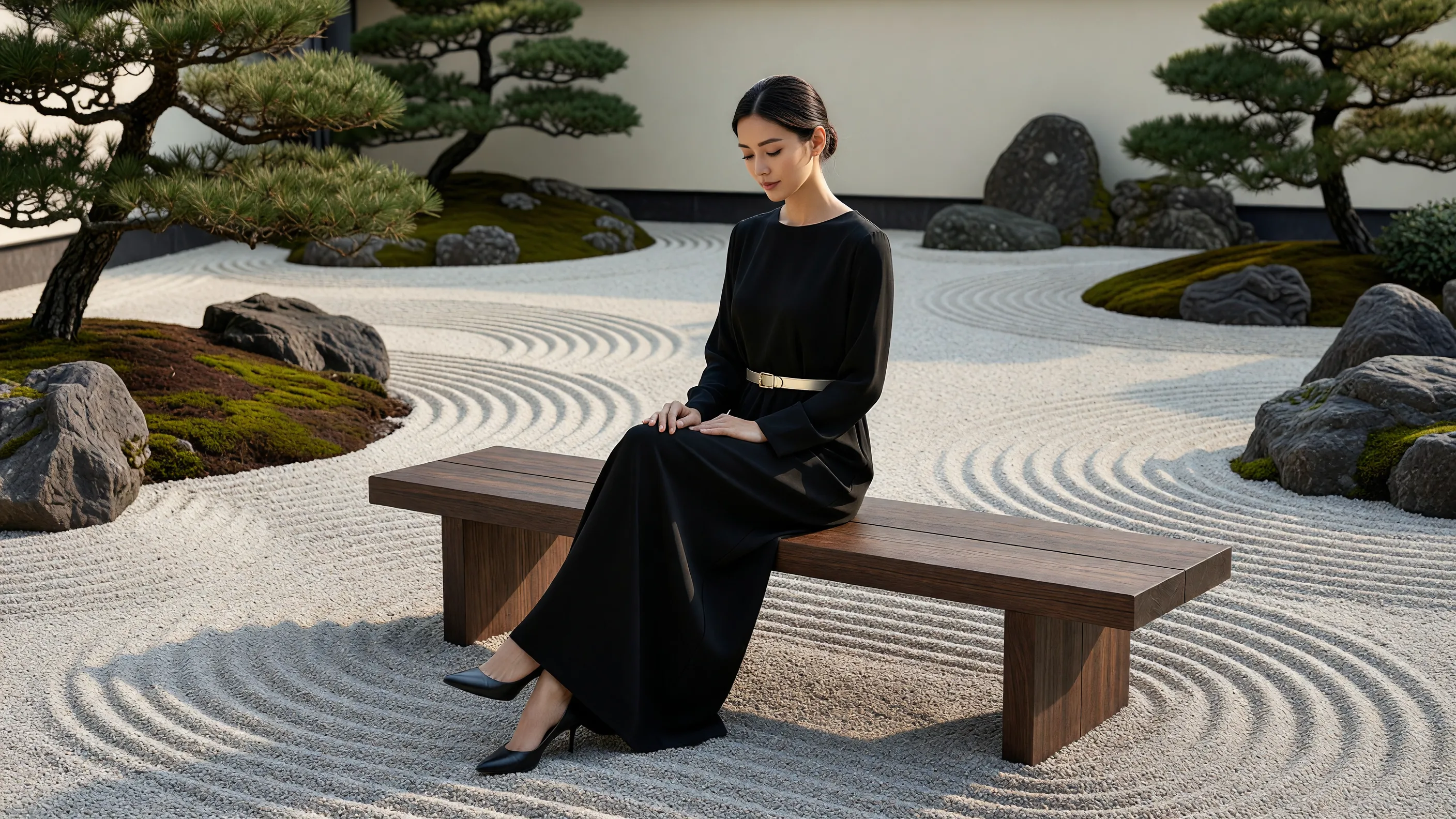 石庭で黒のジャンプスーツを着た女性