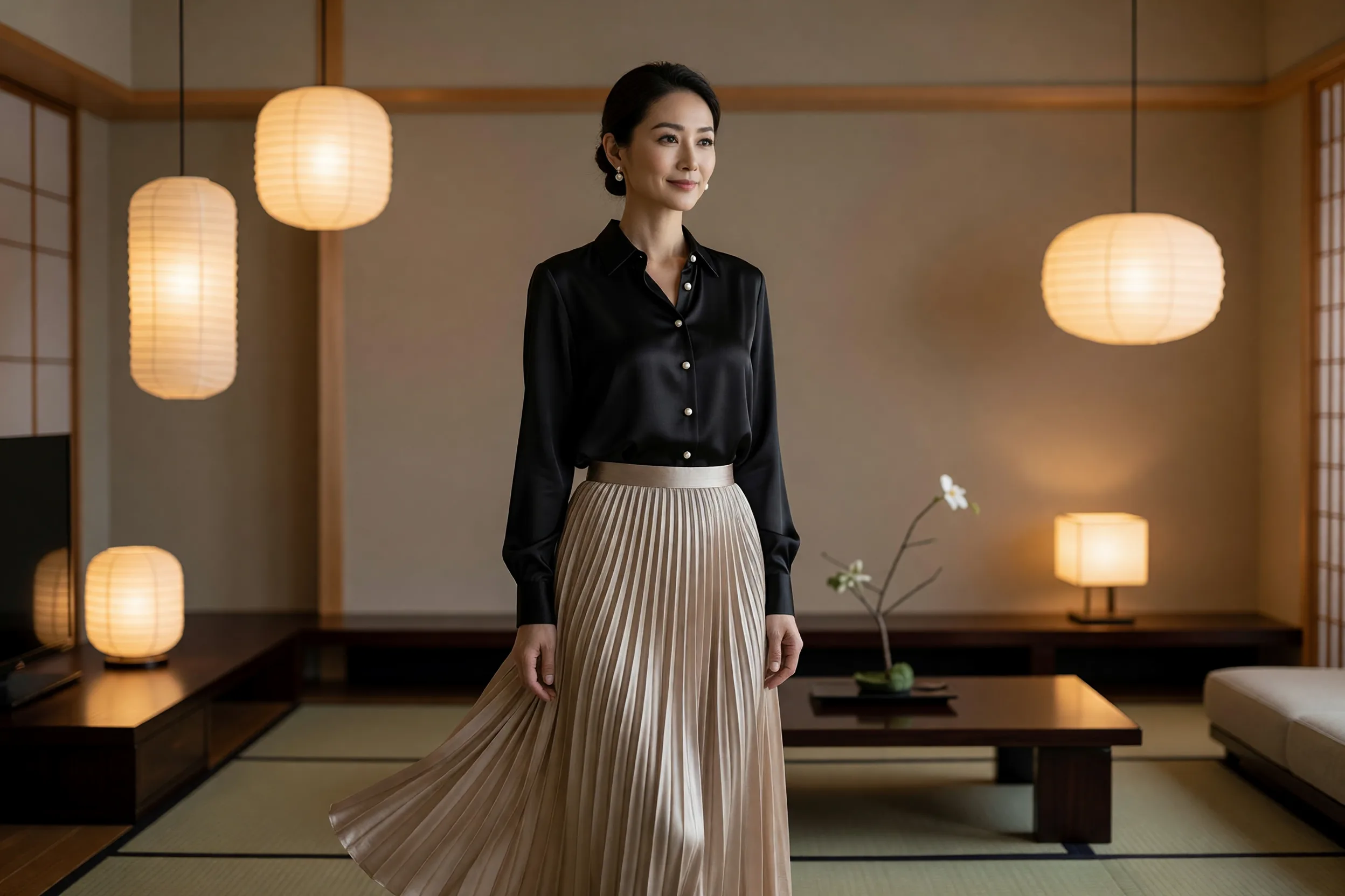 黒のシルクブラウスとゴールドのスカートを着た女性