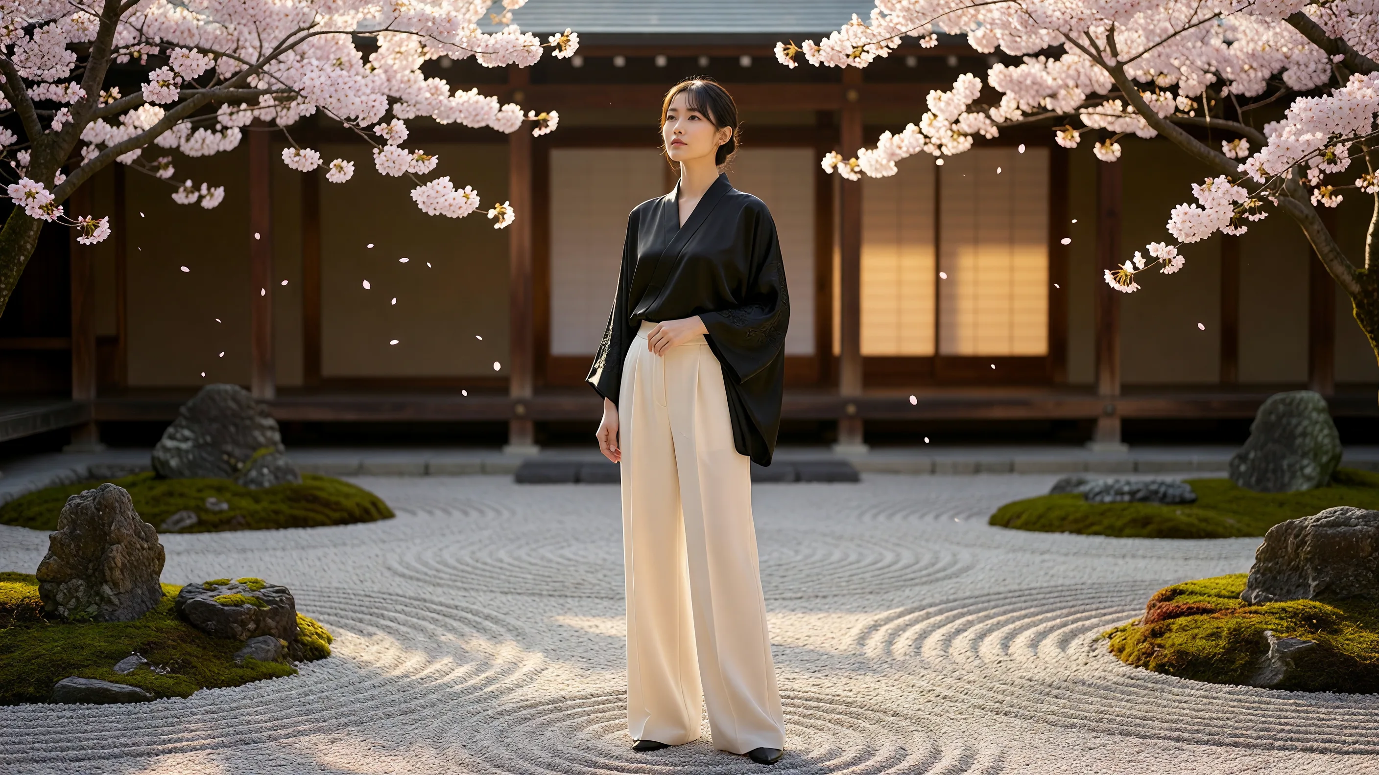 禅庭で撮影されたAurelioの服を着た女性